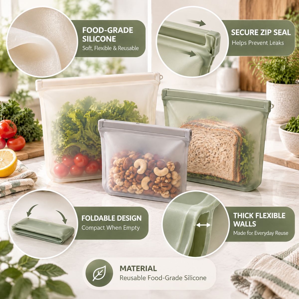 Averndell™ Reusable Silicone Food Storage Bag Set